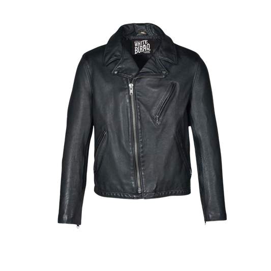 Black leather jacket with a brand logo on a white background