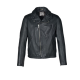 Black leather jacket with a brand logo on a white background