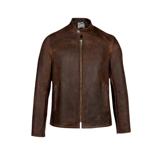 Brown leather jacket on a white background