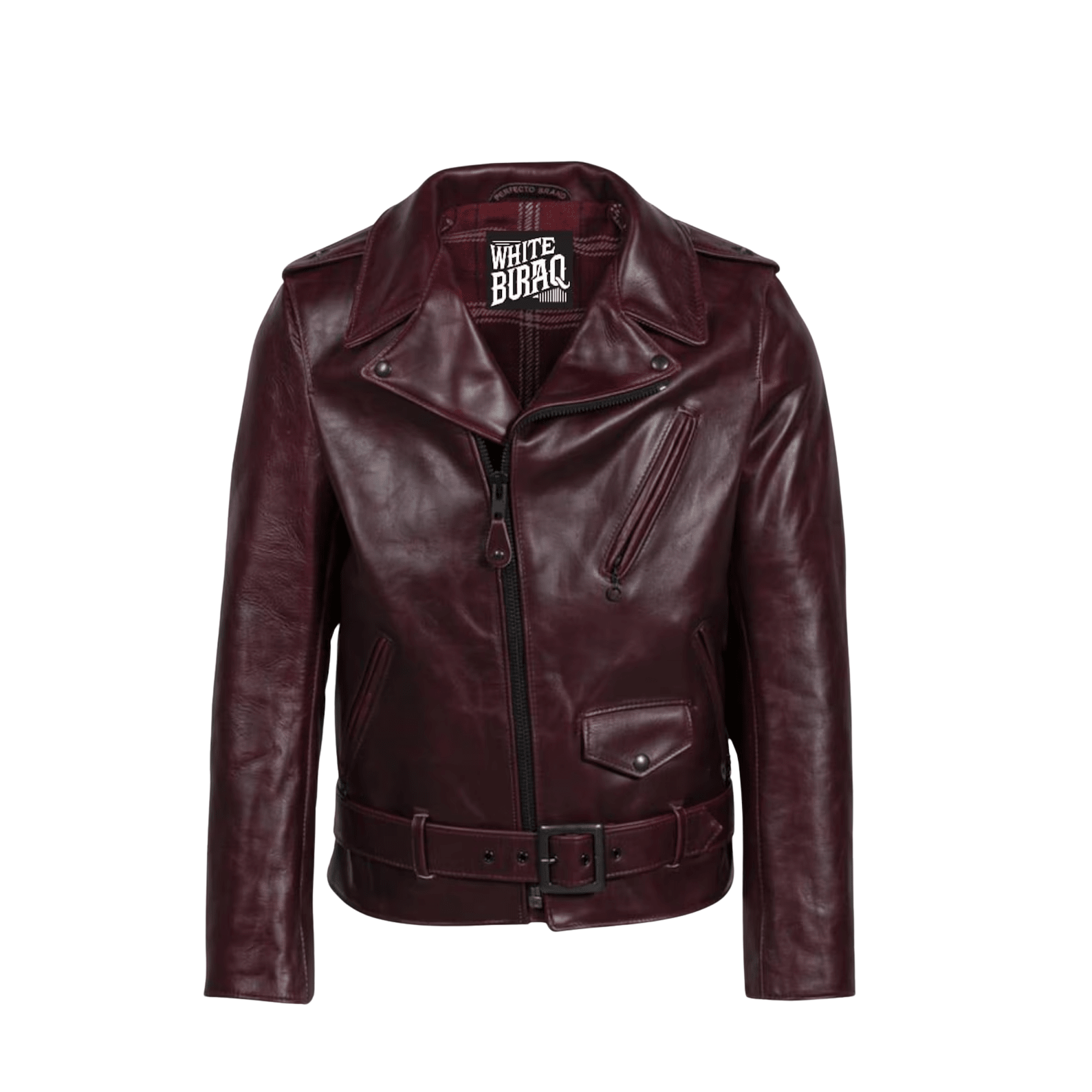 Maroon leather jacket with a visible brand label on a white background