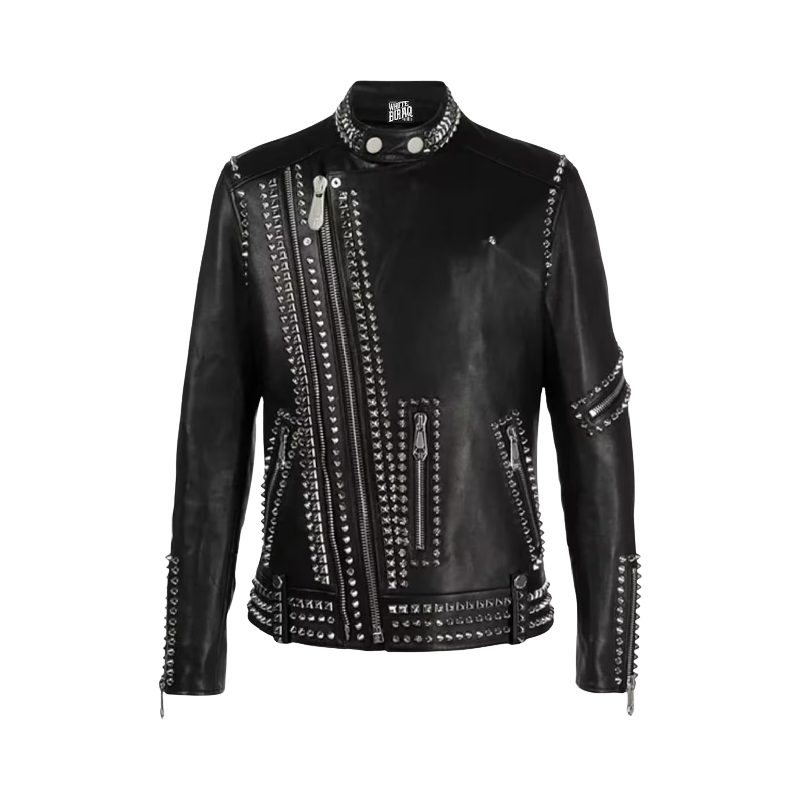 Black leather jacket with studs and a brand logo