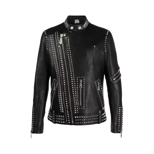 Black leather jacket with studs and a brand logo