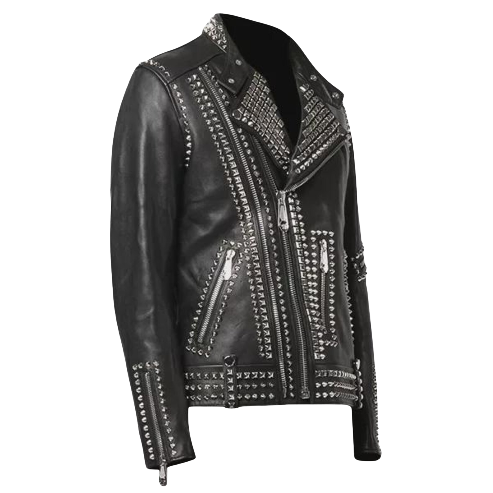 Black leather jacket with studs and zippers
