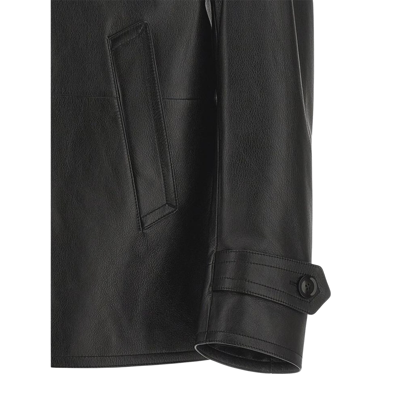 Close-up of a black leather jacket with a pocket and button detail