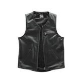 Black leather vest with a brand label
