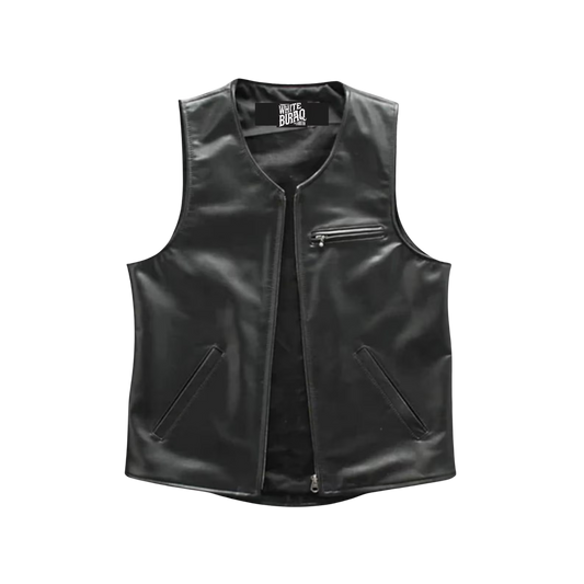 Black leather vest with a brand label