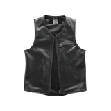 Black leather vest with a brand label