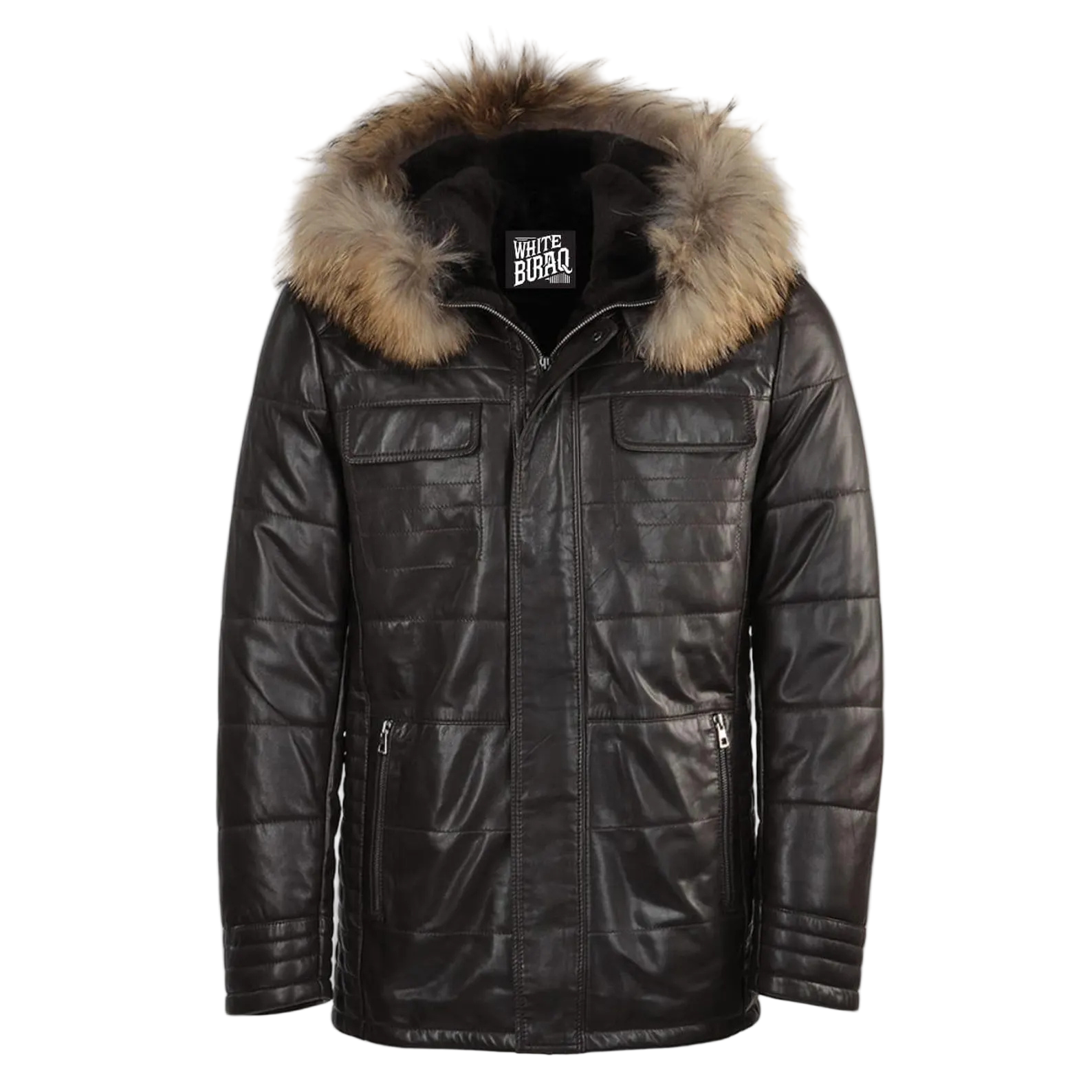 Black leather jacket with fur hood