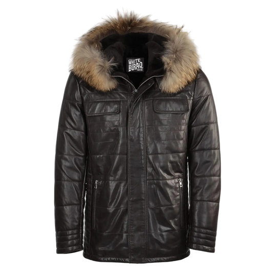 Black leather jacket with fur hood