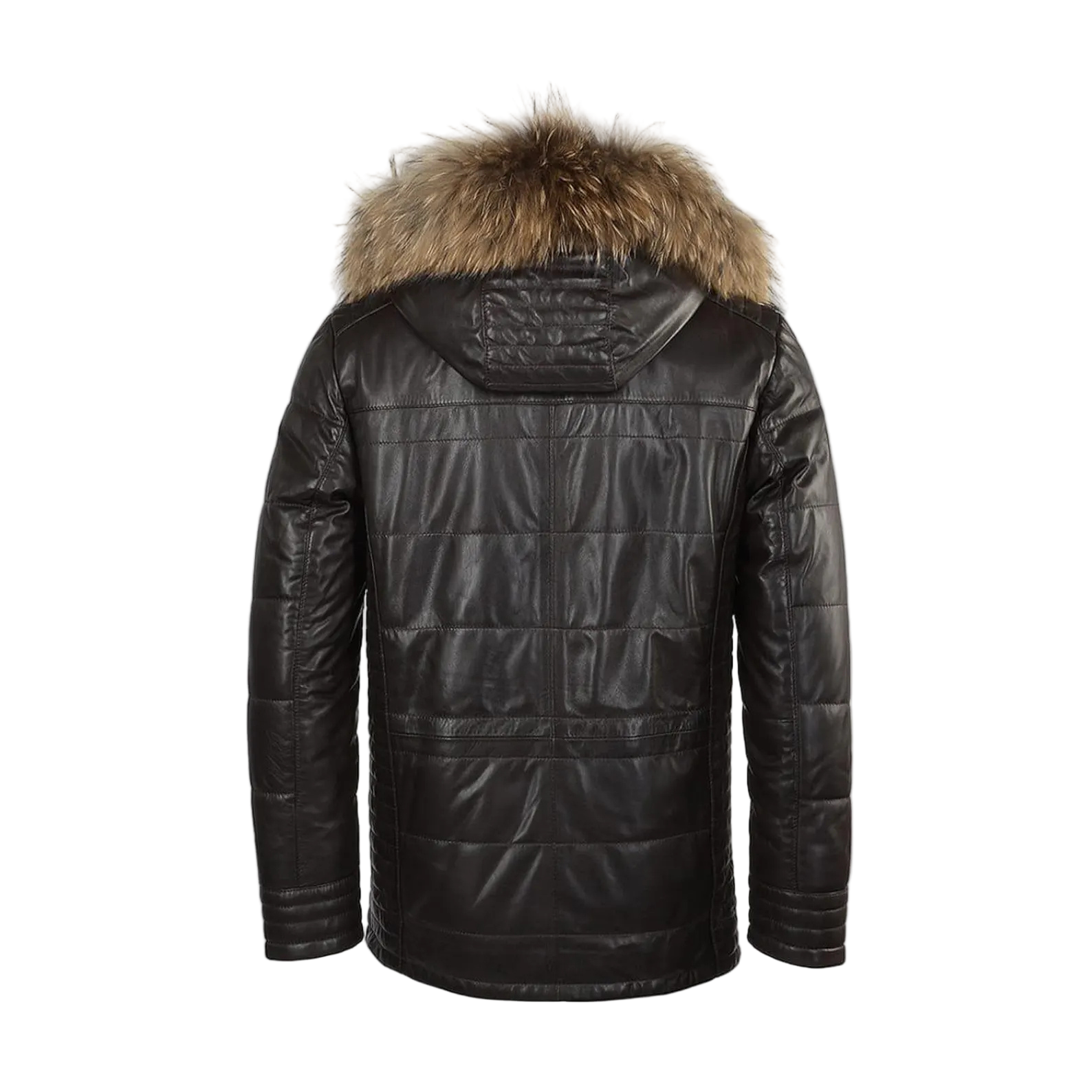 Black leather jacket with fur hood