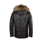 Black leather jacket with fur hood
