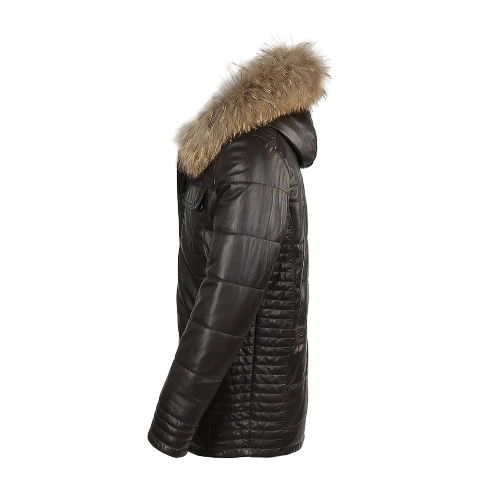 Black leather jacket with fur hood