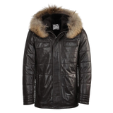 Black leather jacket with fur hood