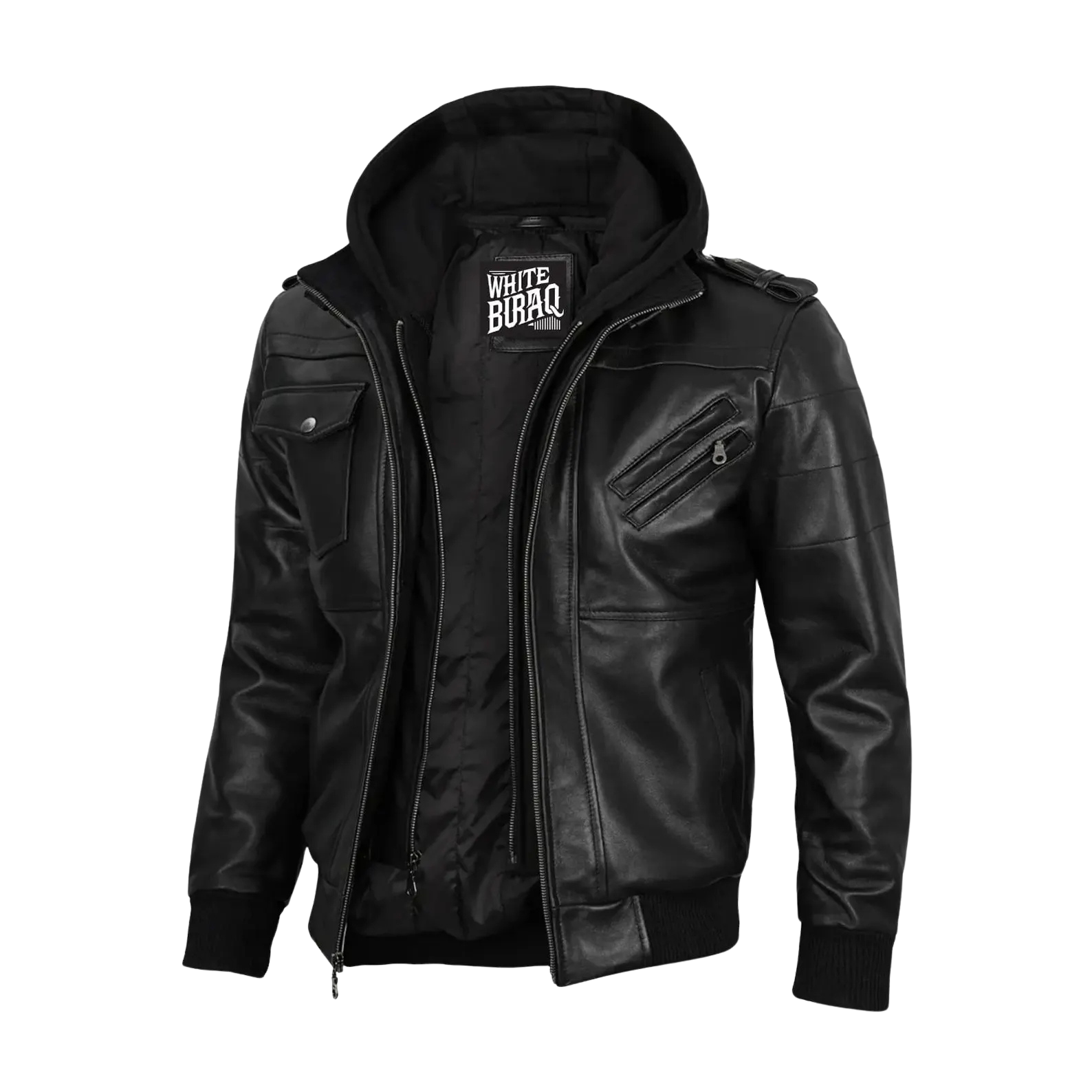 Black leather jacket with a hood