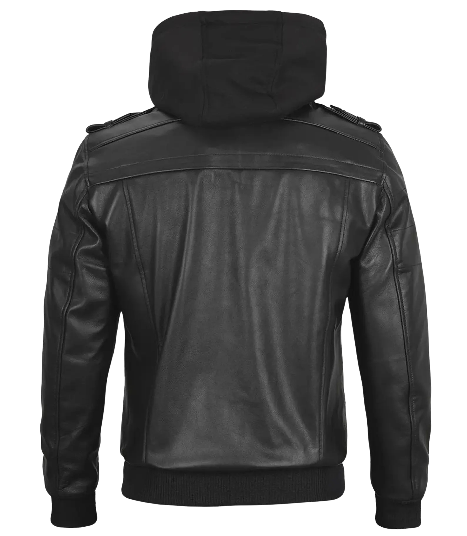 Black leather jacket with a hood