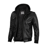 Black leather jacket with a hood