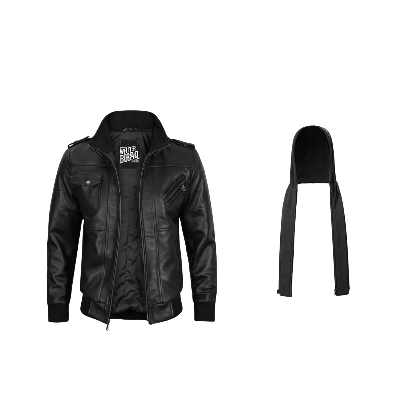 Black leather jacket with a brand logo