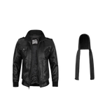 Black leather jacket with a brand logo