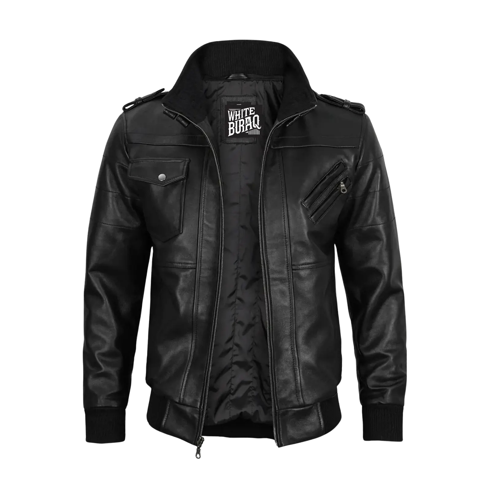 Black leather jacket with visible branding