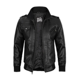 Black leather jacket with visible branding