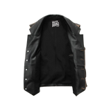 Black leather vest with visible branding