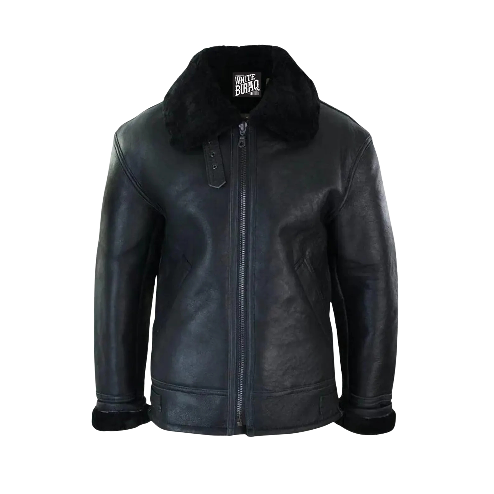 Black leather jacket with fur collar