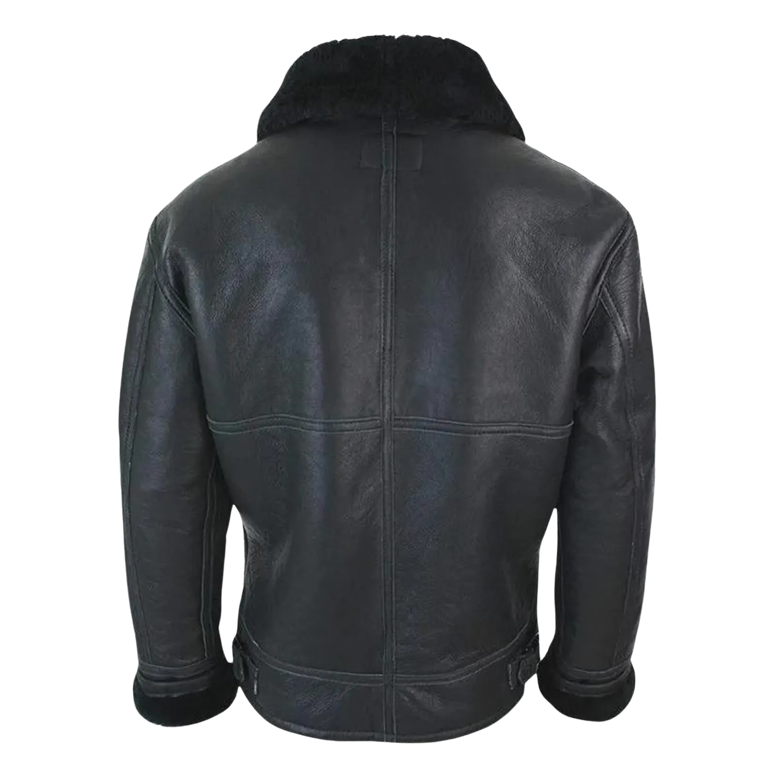 Black leather jacket with fur collar