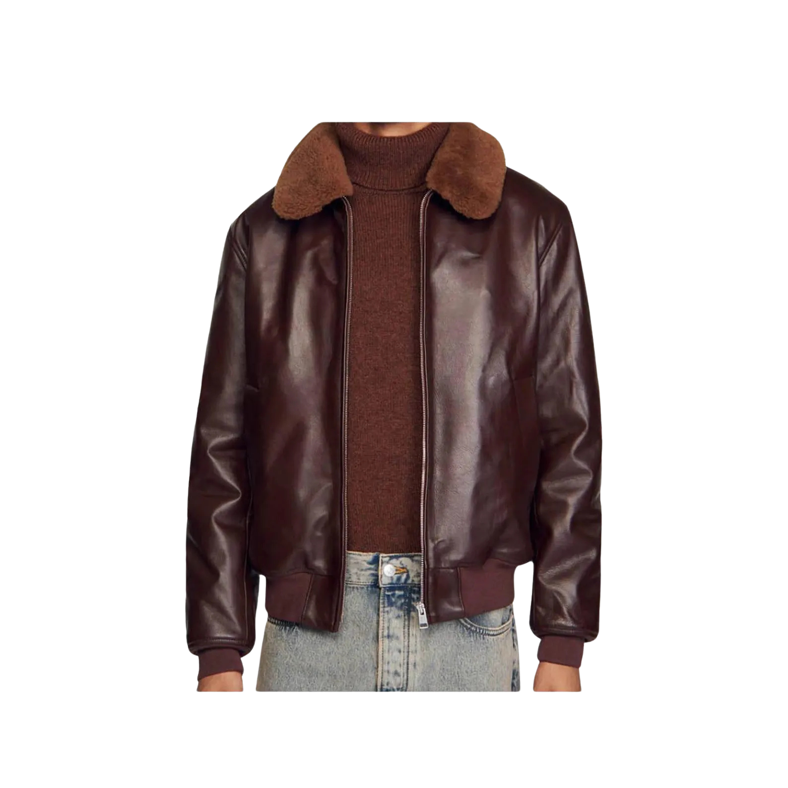 Brown leather jacket with fur collar