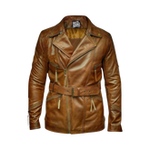 Brown leather jacket with a belt and visible branding
