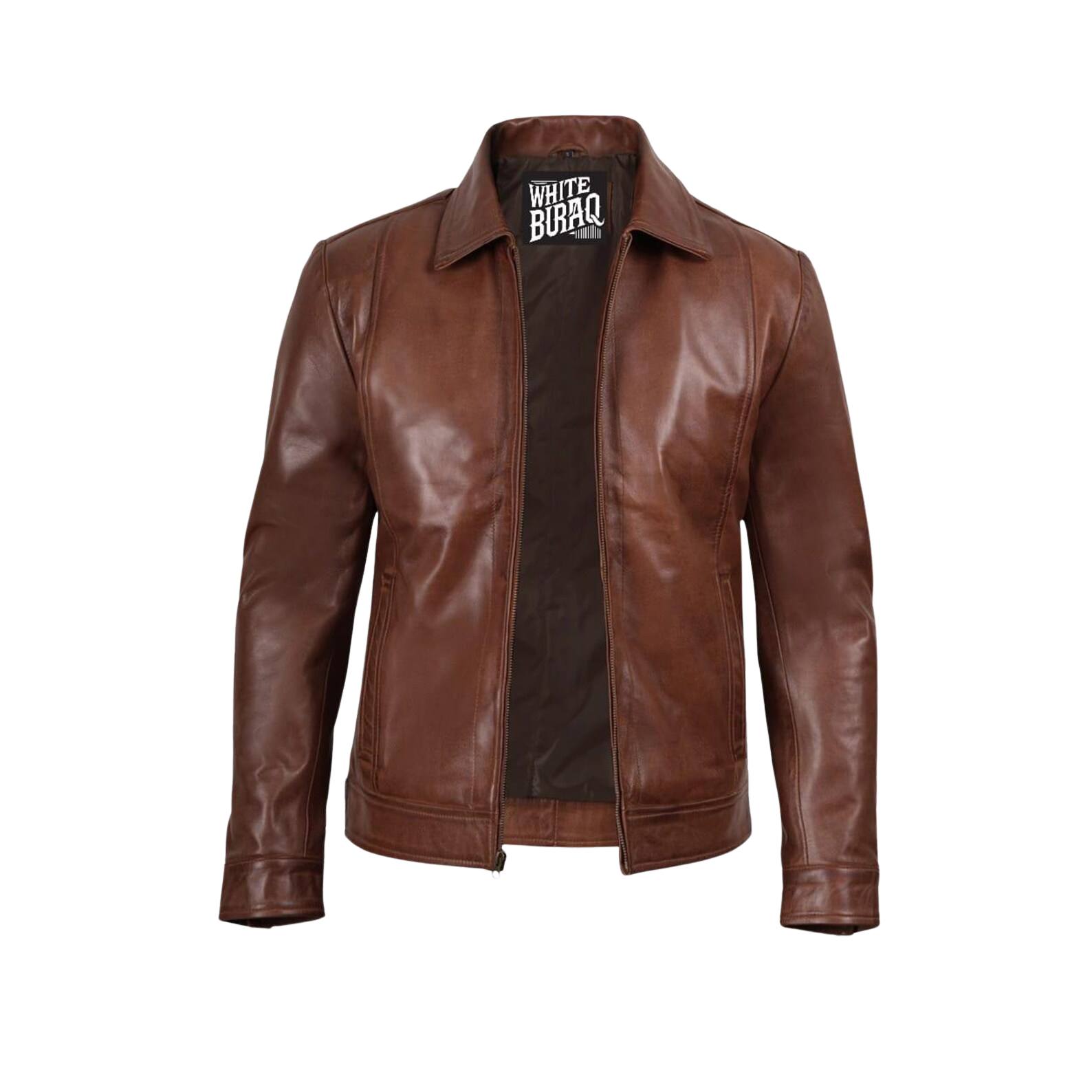 Brown leather jacket with a visible brand label