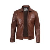 Brown leather jacket with a visible brand label
