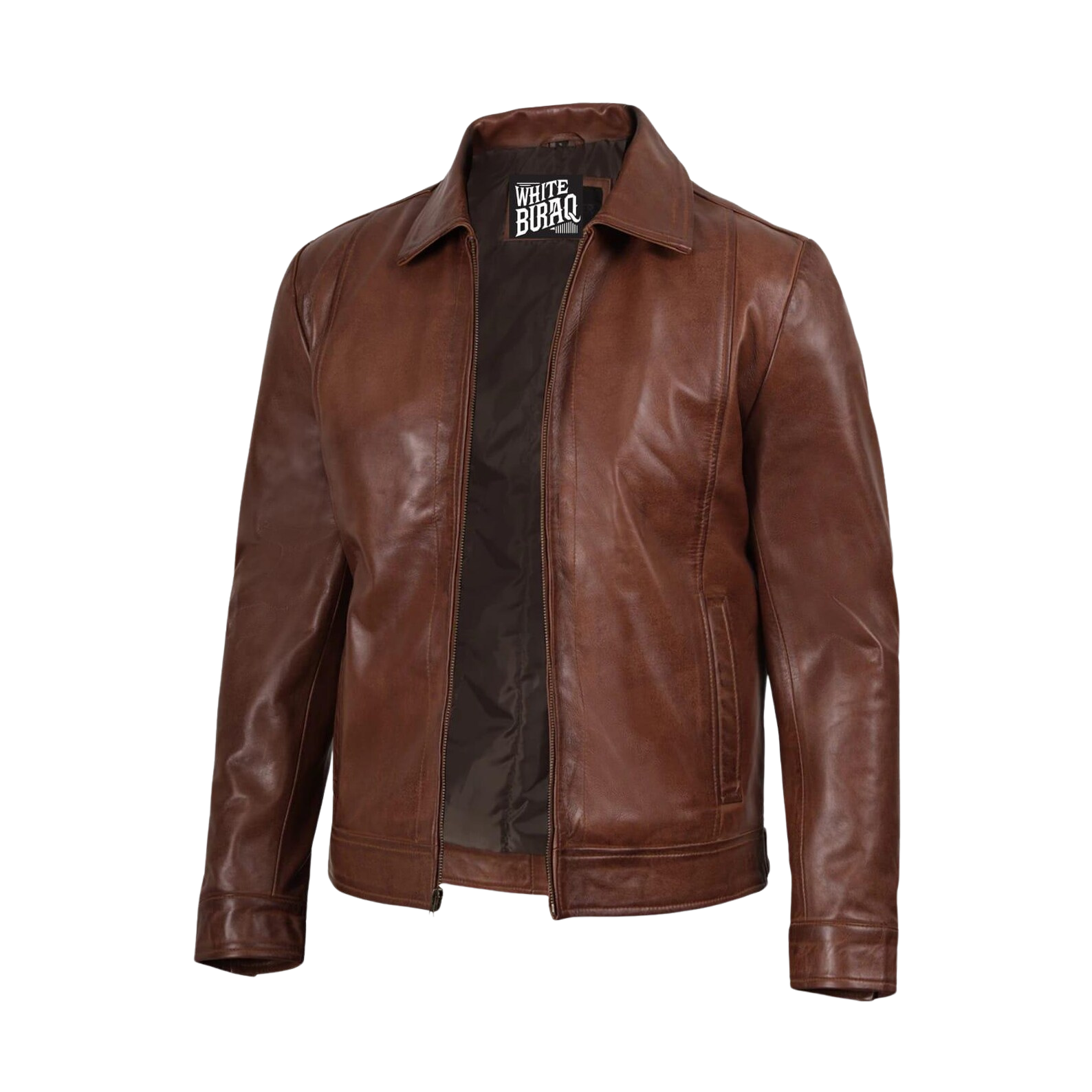Brown leather jacket with a brand label