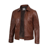 Brown leather jacket with a brand label