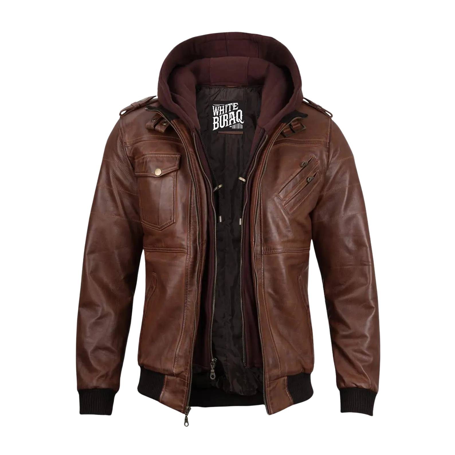 Brown leather jacket with a hood