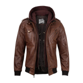 Brown leather jacket with a hood