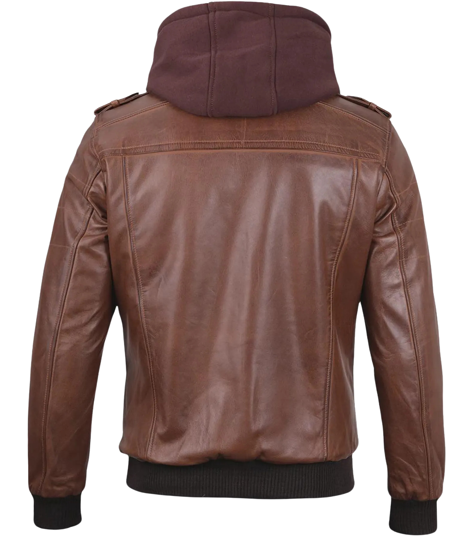 Brown leather jacket with a hood