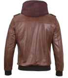 Brown leather jacket with a hood