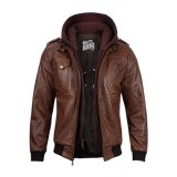 Brown leather jacket with a hood