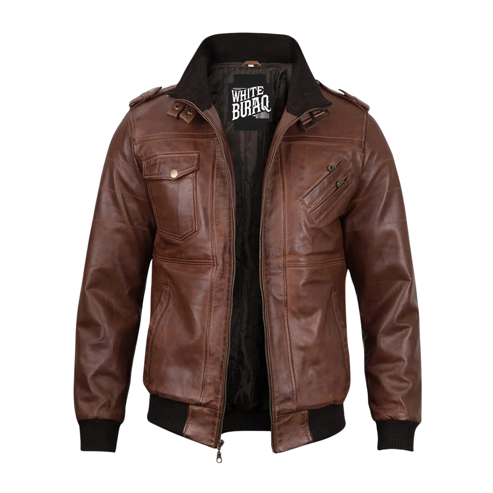 Brown leather jacket with visible brand logo