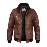 Brown leather jacket with visible brand logo