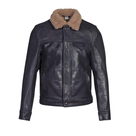 Black leather jacket with Sheepskin Collar