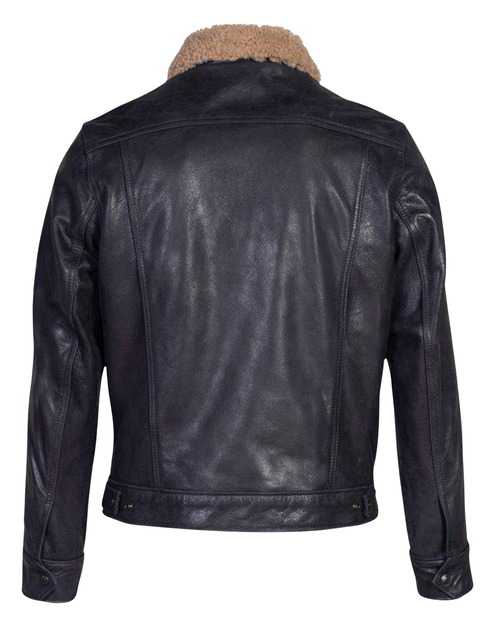 Black leather jacket with beige fur lining