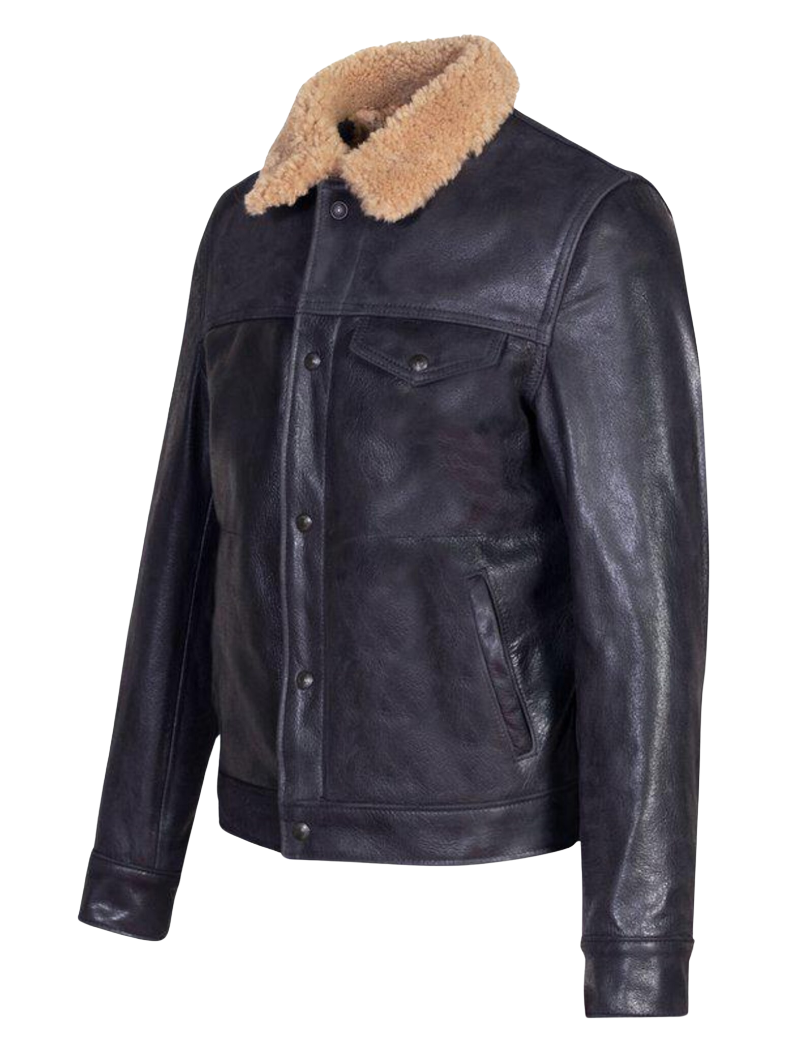 Black leather jacket with beige fur collar
