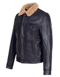 Black leather jacket with beige fur collar