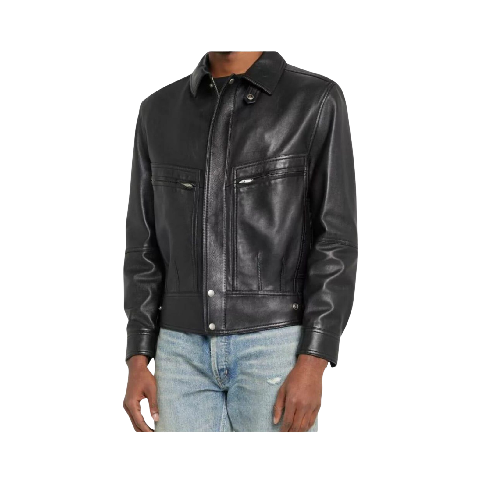 Black leather jacket worn by a person