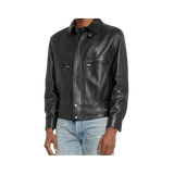 Black leather jacket worn by a person