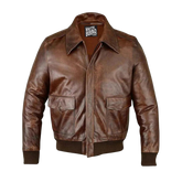 Brown leather jacket with a visible brand label