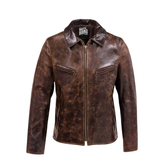 Brown leather jacket with a brand label on a white background