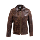 Brown leather jacket with a brand label on a white background