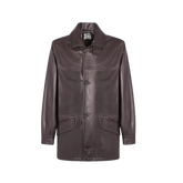 Brown leather coat with a brand label